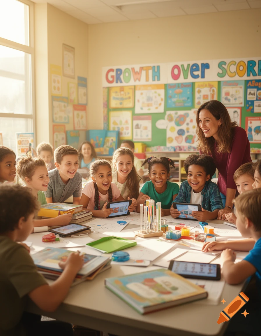 A teacher smiles at a group of diverse elementary school students ...
