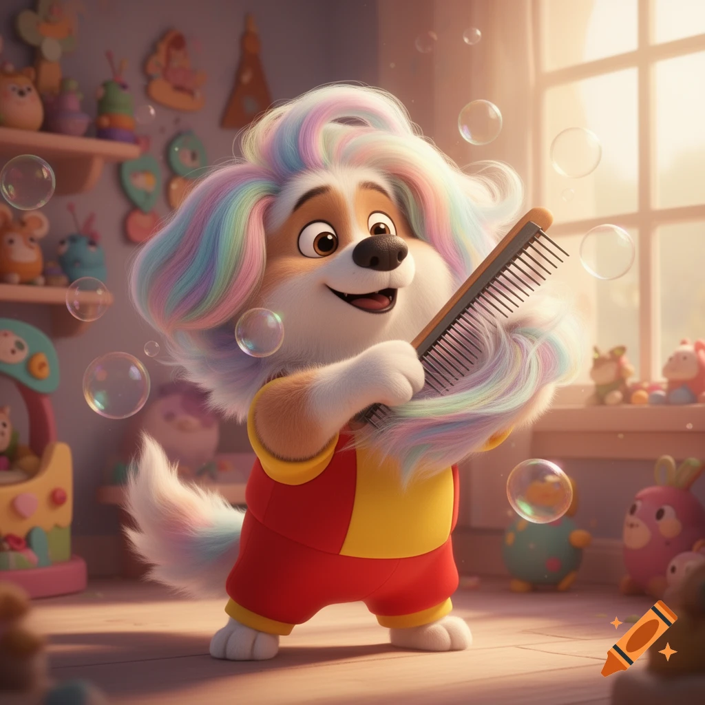 Cute animated dog brushing its long, rainbow-colored hair with a comb amidst bubbles in a bright, toy-filled room.