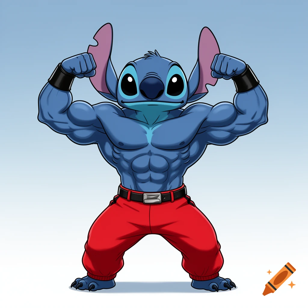 Muscular anthropomorphic Stitch flexing his biceps while wearing red pants and black bracelets, in a hand-drawn animation style.