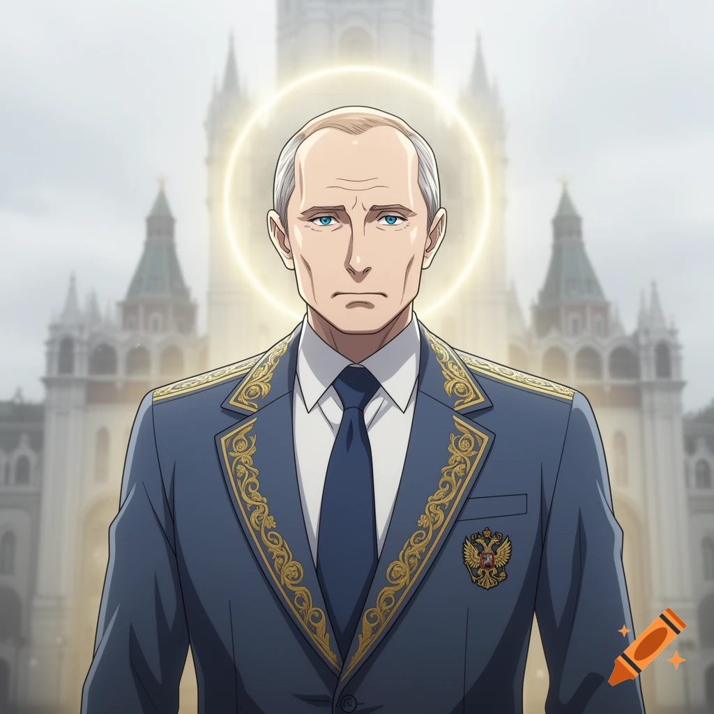 An anime-style portrait of Vladimir Putin in a dark suit with gold embroidery and a glowing halo, standing before a blurred building.