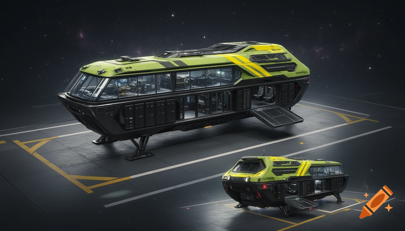A large and a smaller futuristic green and black spaceship with yellow stripes on a dark landing pad under a starry sky.