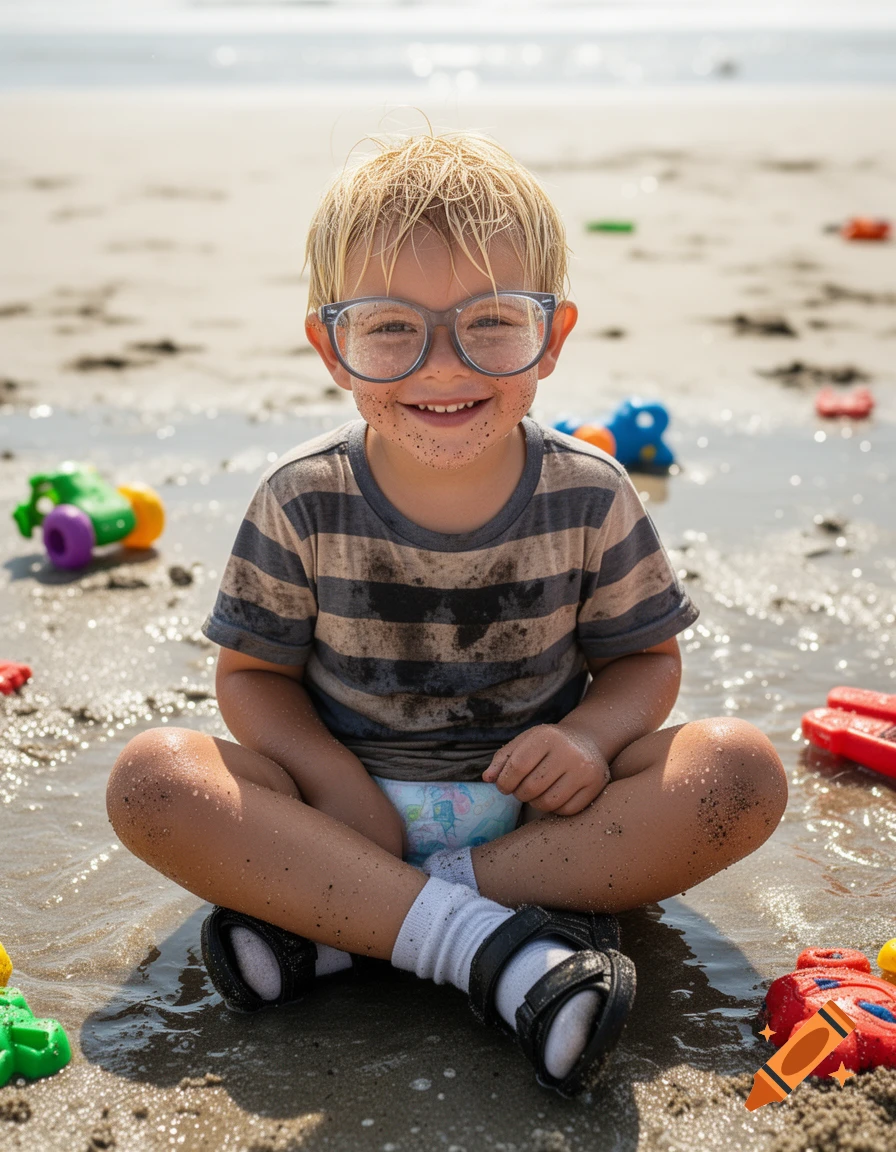 A smiling blond boy with dirty face and shirt, wearing glasses, sitting in wet sand at the beach surrounded by toys.
