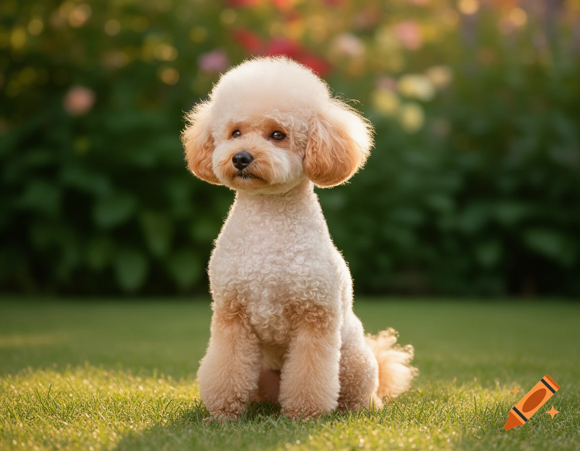 A photorealistic beige poodle sits attentively on green grass in a sunlit garden.