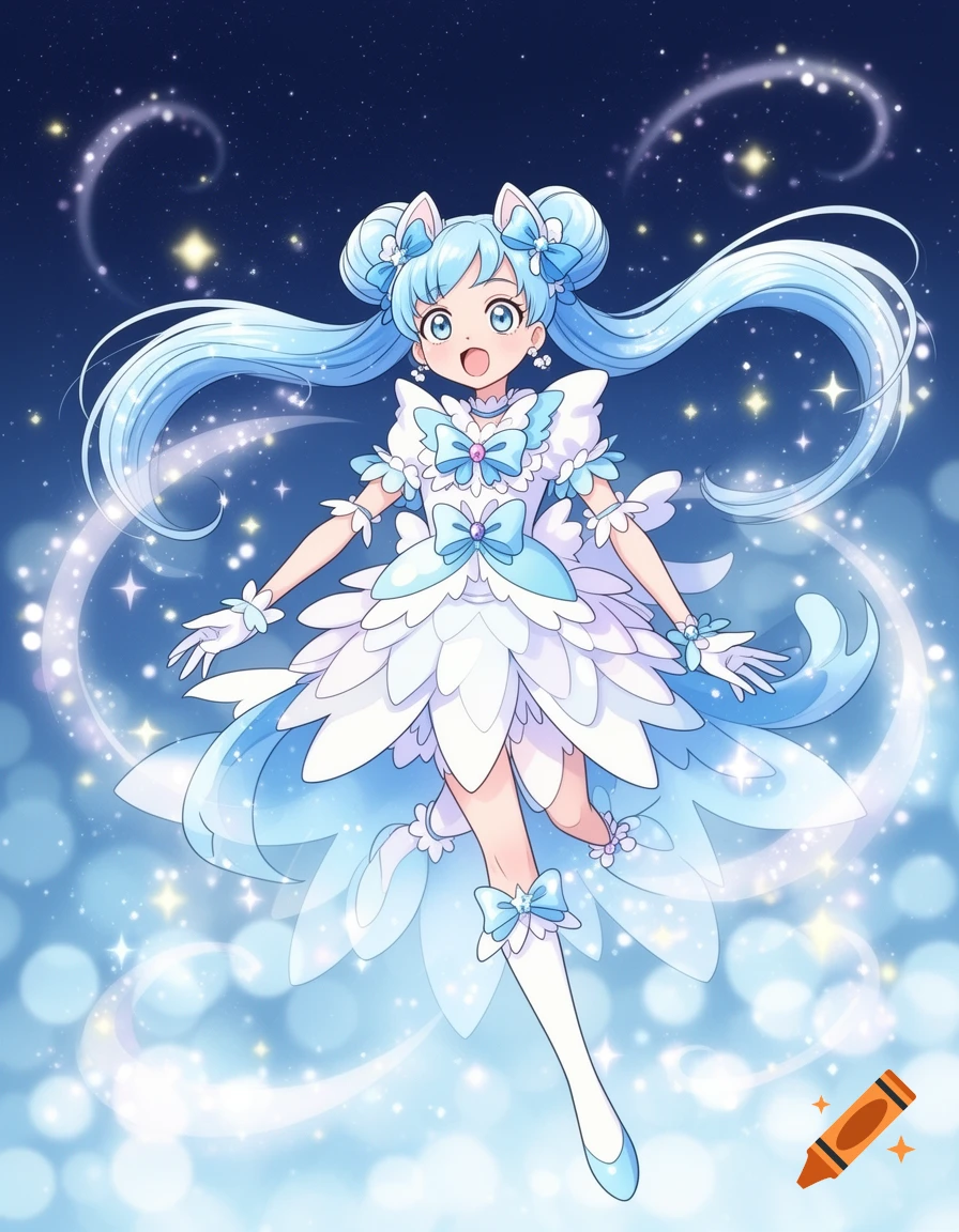 Anime magical girl with light blue hair in buns and pigtails, wearing a white and blue frilly dress, surrounded by sparkling effects against a starry night sky.