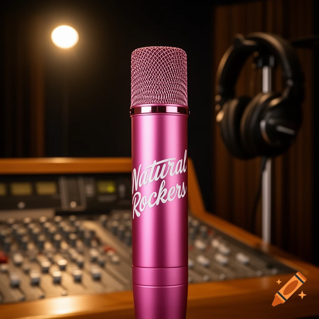 A pink microphone with 'Natural Rockers' on its side, in a blurred recording studio with a mixer and headphones in the background.