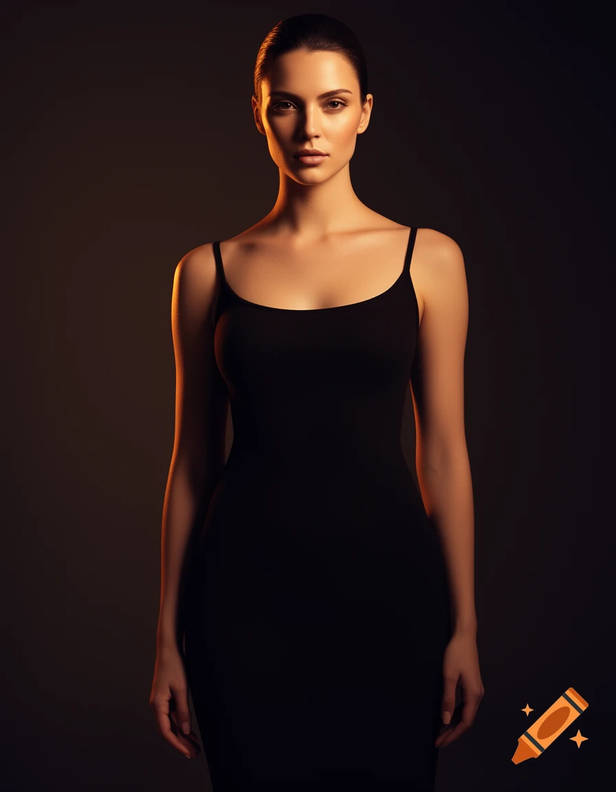 A photorealistic portrait of a woman in a black sleeveless dress, dramatically lit against a dark background.