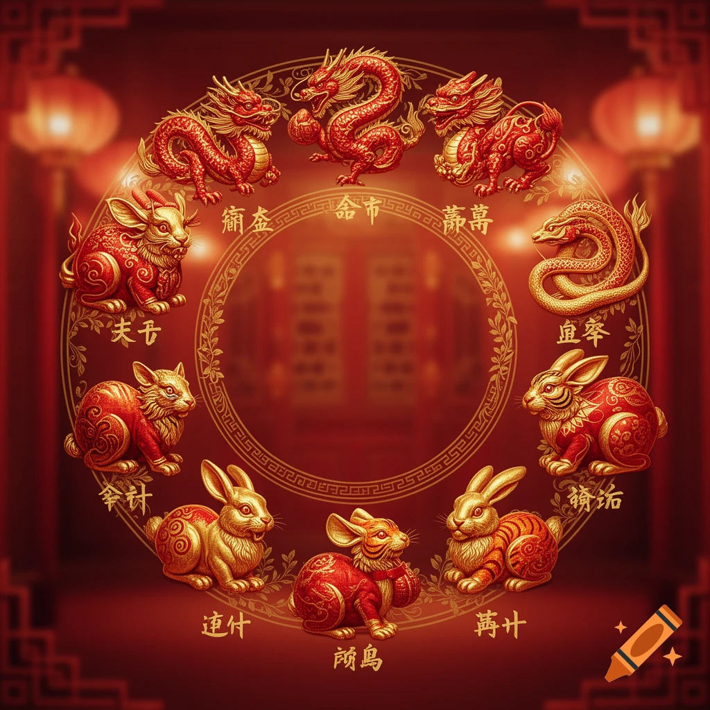 Ornate golden and red Chinese zodiac animals, including dragons and rabbits, arranged in a circular design on a festive red background with blurred lanterns.