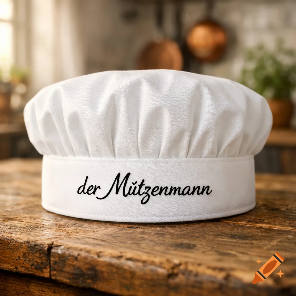 A white chef's hat with 'der Mützenmann' written on its band sits on a rustic wooden table in a blurry kitchen.
