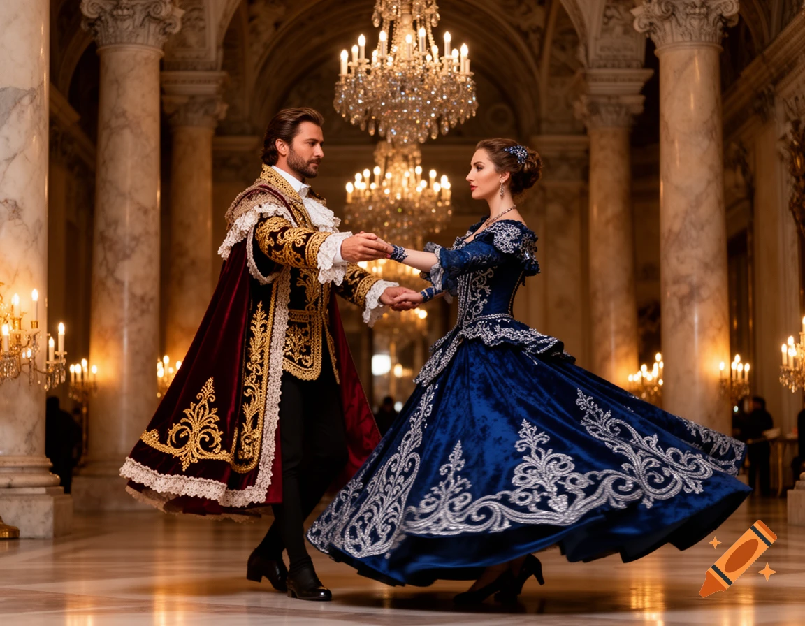 Man in ornate red and gold historical costume dances with woman in elaborate blue gown amidst chandeliers in a grand ballroom.
