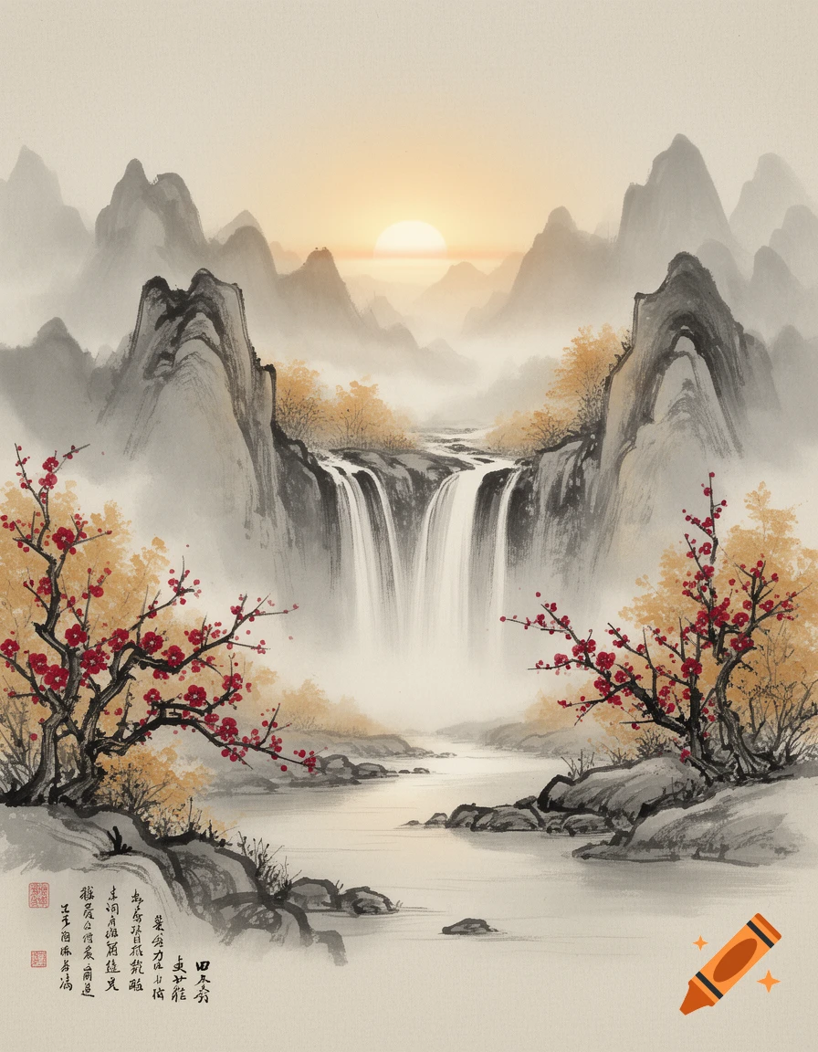 Traditional Chinese ink wash painting of a mountain landscape with a waterfall, river, flowering trees, and a sunset.