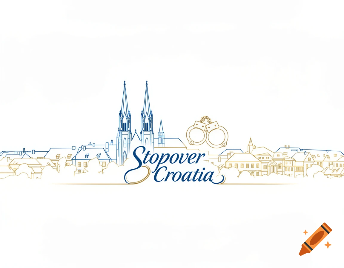 Minimalist blue and gold line art cityscape with a cathedral, text 'Stopover Croatia', and handcuffs on a white background.