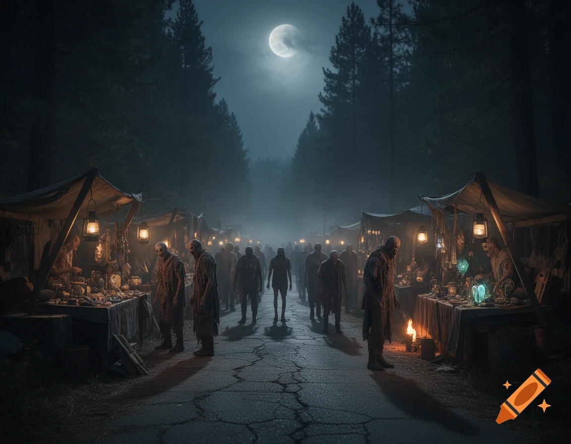 Zombies roam a dimly lit night market on a foggy forest road under a full moon, with glowing wares on display.