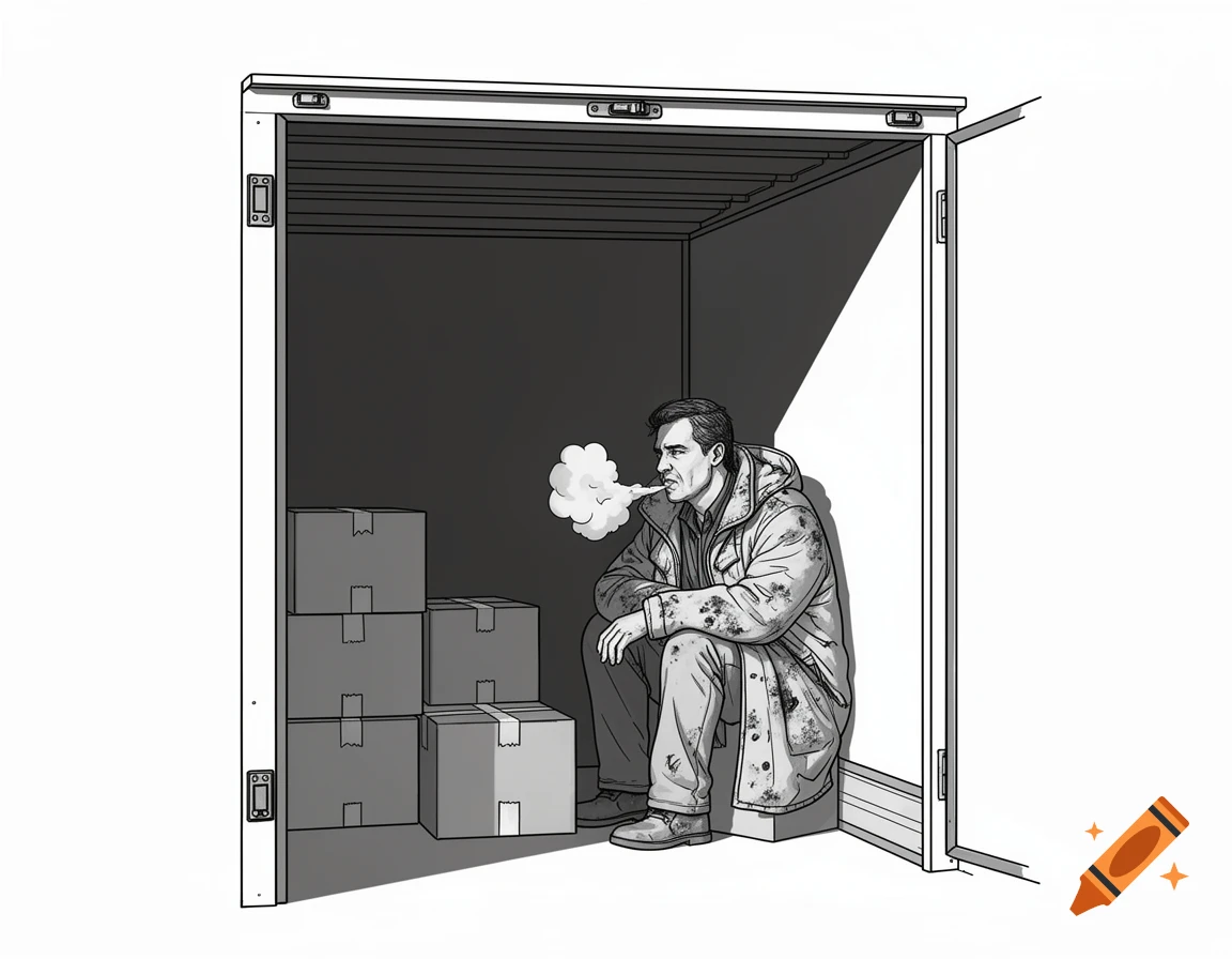 Grayscale illustration of a man in a thick coat sitting in a cold storage unit with stacked boxes, breathing out visible mist.