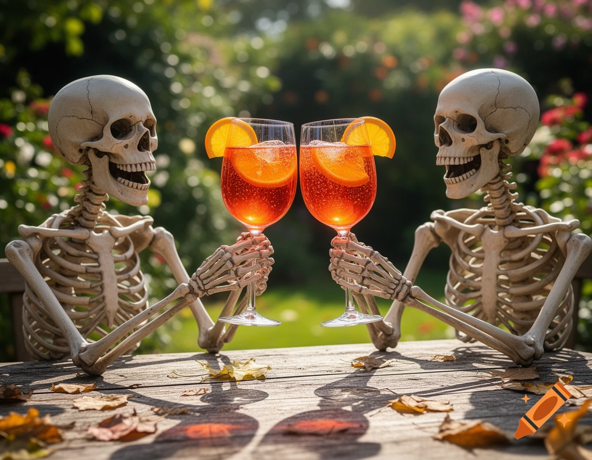 Two smiling skeletons toast with bright orange Aperol Spritz cocktails garnished with orange slices, sitting at a wooden table outdoors with fallen leaves.