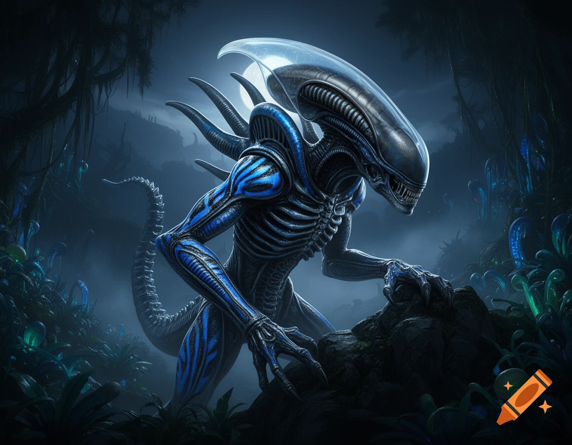 A detailed blue and black striped Xenomorph alien monster stands in a dark, moonlit swamp, surrounded by glowing bioluminescent plants.