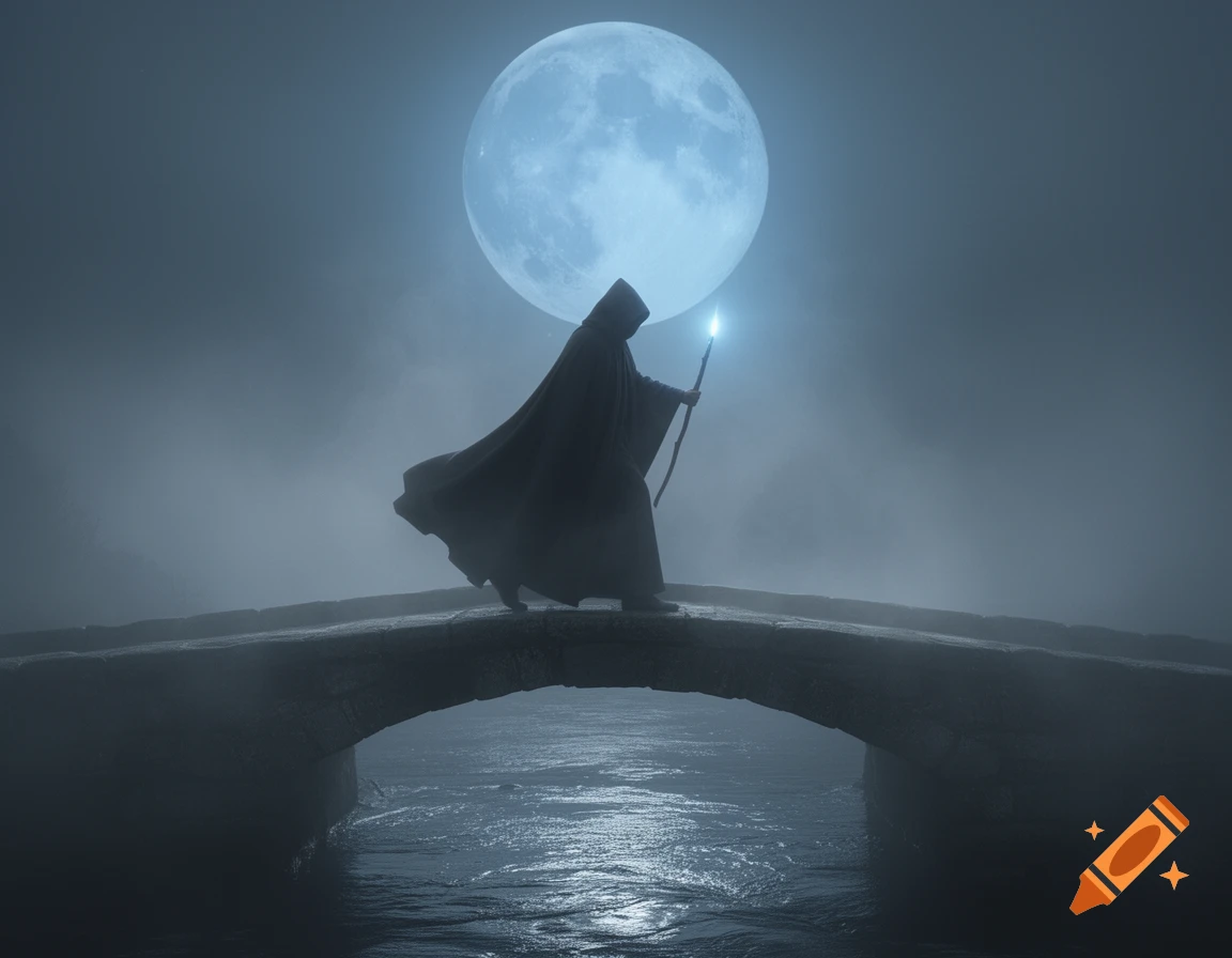 A cloaked figure with a glowing staff crosses a stone bridge under a large blue full moon, surrounded by mist over water.