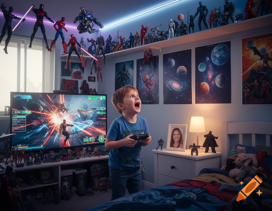 A young boy, eyes wide with excitement, holds a controller while playing a video game in a room decorated with superhero and Star Wars action figures and space-themed posters.