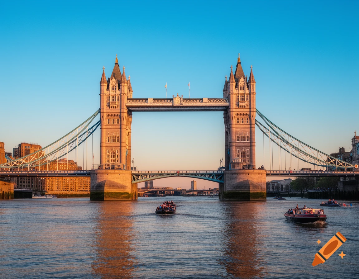 Photorealistic view of London's Tower Bridge over a river with boats at sunset.