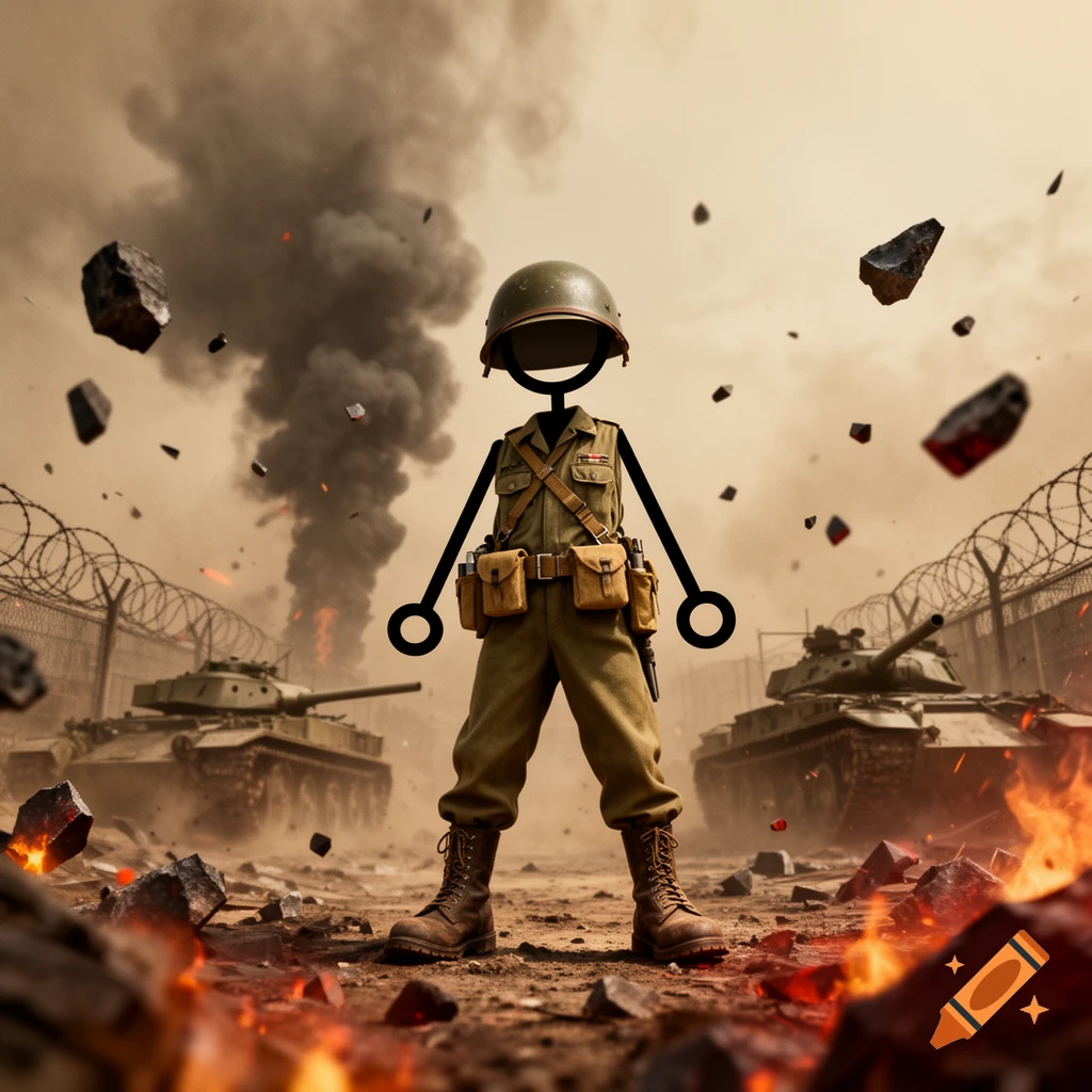 A stylized stickman soldier stands on a chaotic battleground with tanks, smoke, fire, and flying debris.
