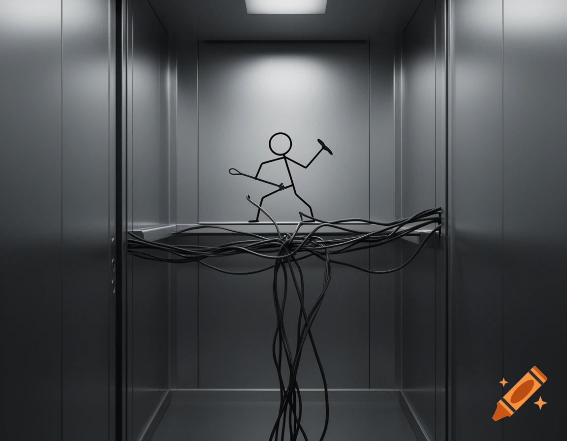 A minimalist stick figure in an elevator, cutting support wires with a small tool, rendered in a realistic, stark style.