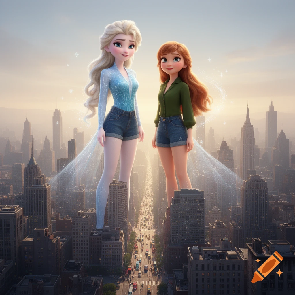 Giant animated Elsa and Anna from Frozen, wearing jean shorts, stand over a bustling tiny city street.