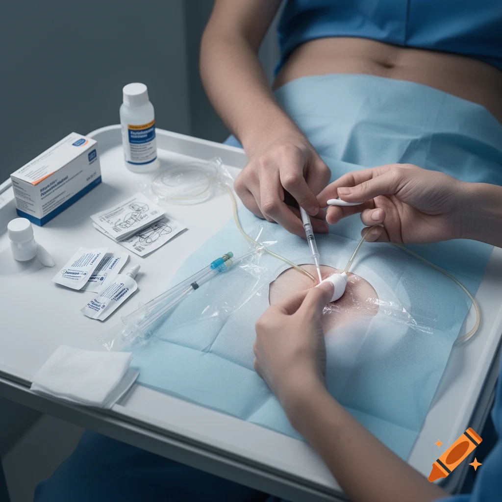 A medical professional performs a procedure on a patient's abdomen with sterile equipment on a tray.