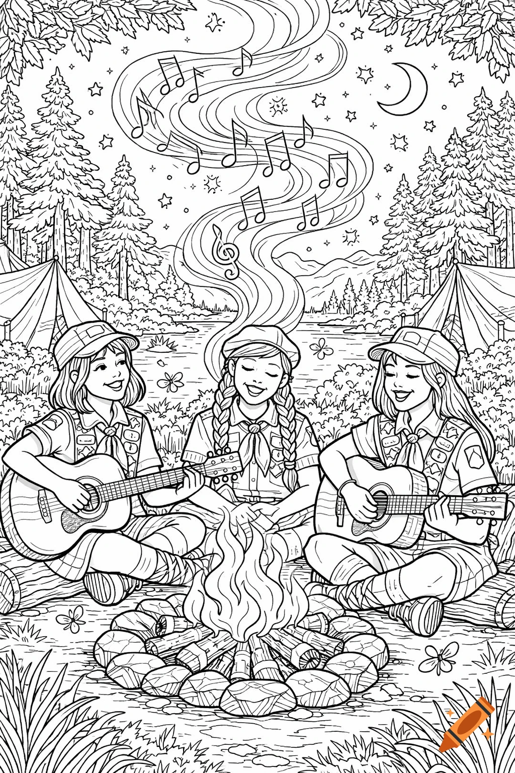 Line art coloring page of three girl scouts playing guitars around a campfire at night, with musical notes floating in the air.