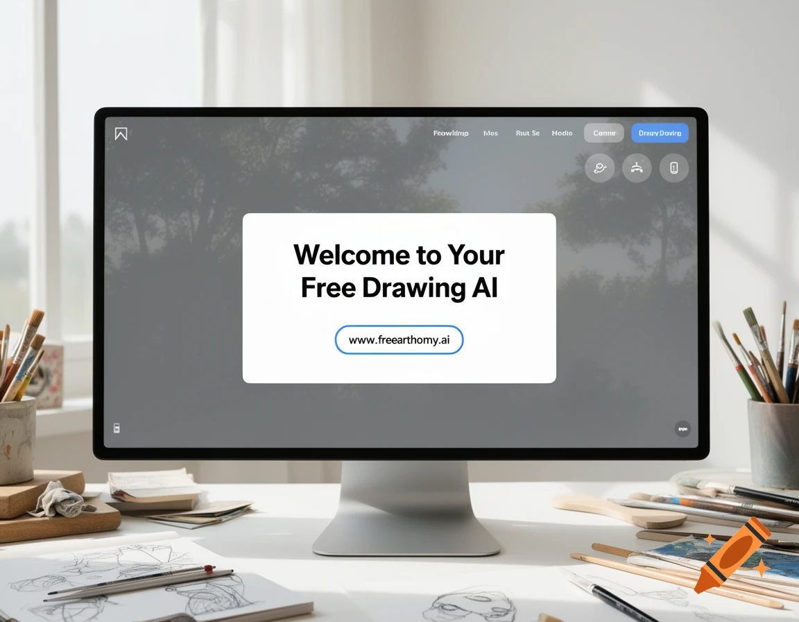 A computer monitor displaying a 'Welcome to Your Free Drawing AI' webpage on a desk surrounded by art supplies.