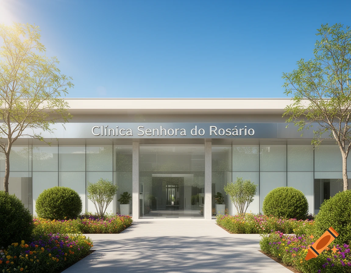 A modern clinic building named "Clínica Senhora do Rosário" with a glass facade, surrounded by lush landscaping and a clear blue sky.