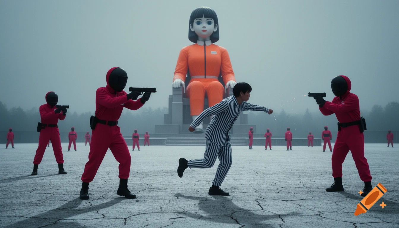 Photorealistic scene from Squid Game with a giant doll overlooking masked guards aiming guns at a running player on a cracked, misty field.