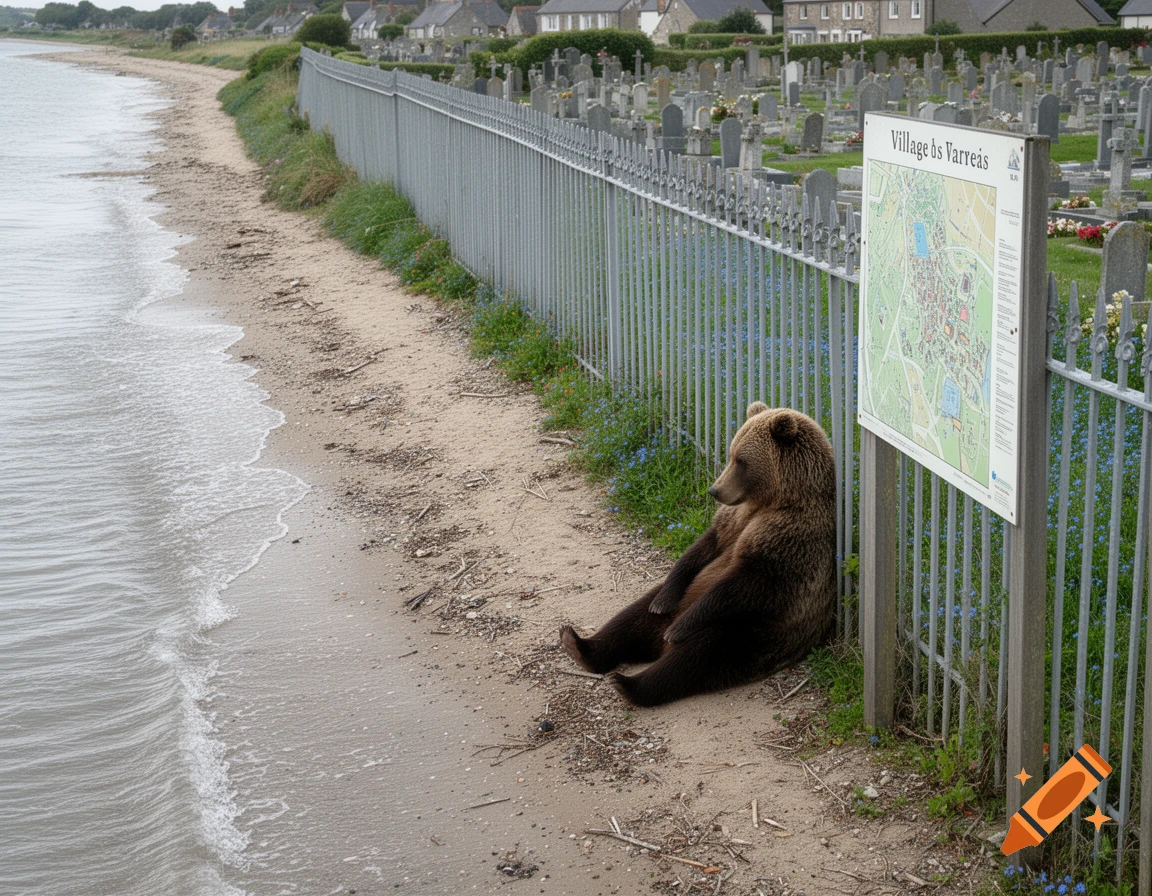 A brown bear sits leaning against a metal fence on a sandy beach next to a cemetery, with a village map sign nearby.
