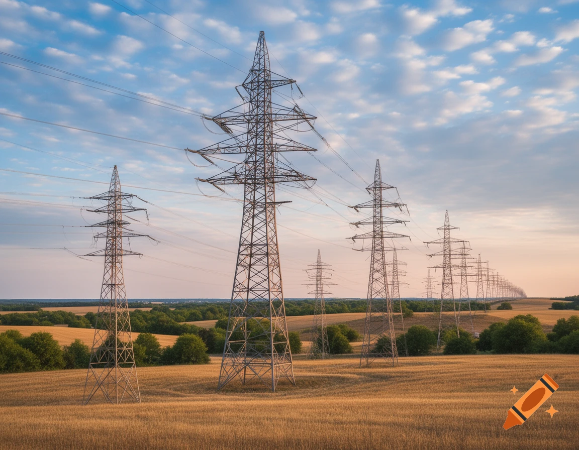 A long line of towering metal electricity pylons stretches across a golden field under a partly cloudy sky.
