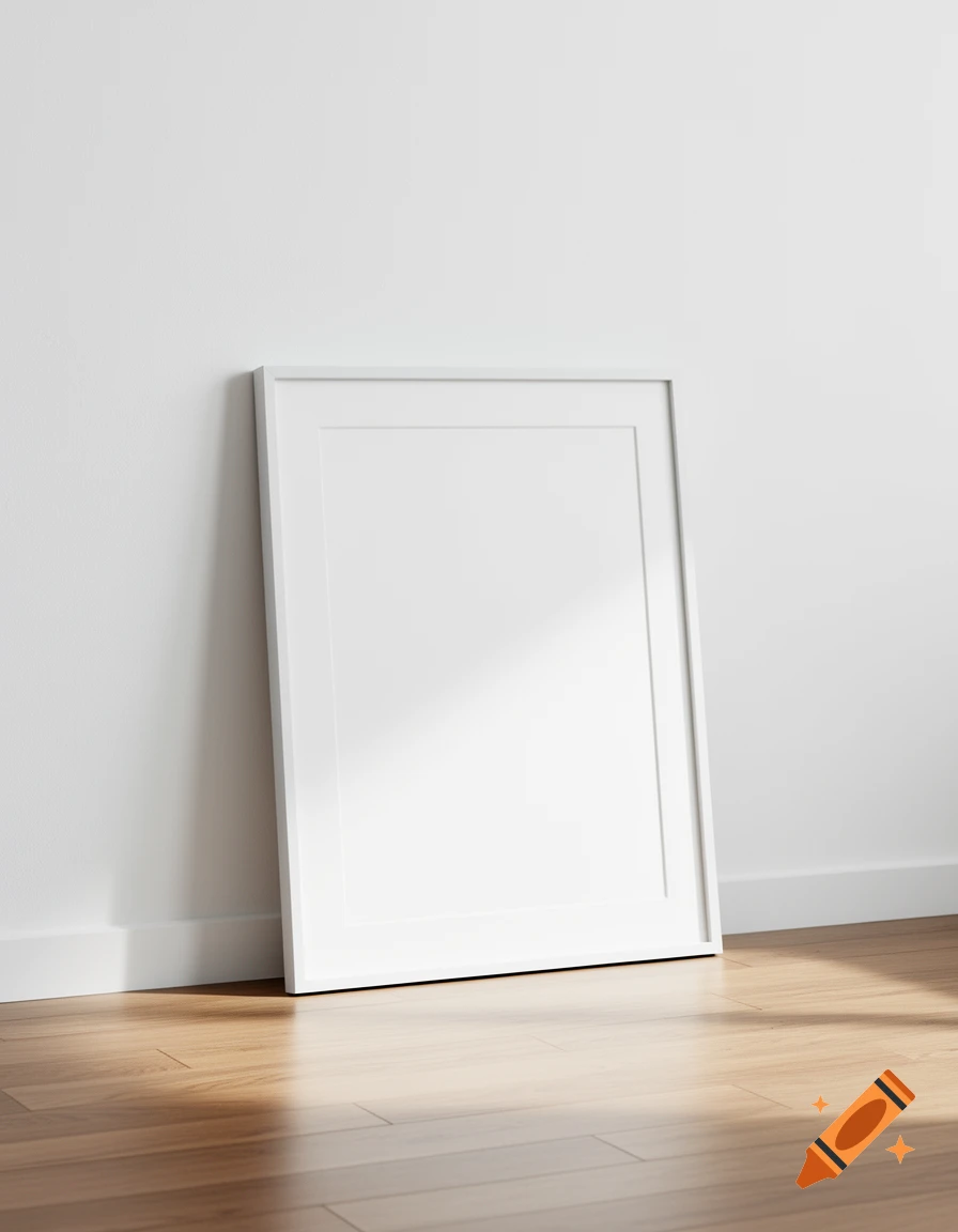 A blank white picture frame leans against a white wall on a wooden floor, illuminated by sunlight.