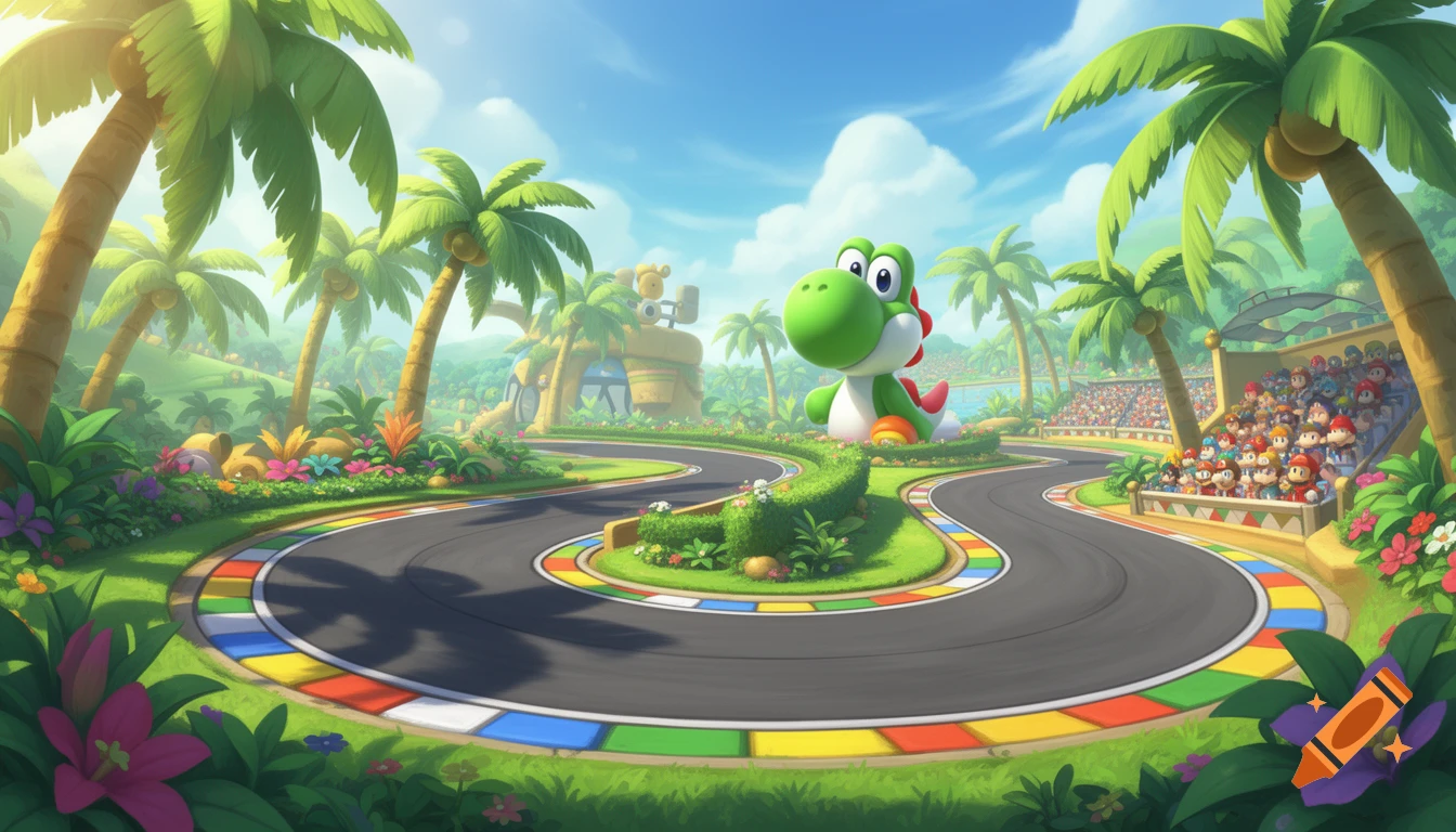 Cartoon Yoshi on a tropical Mario Kart race track with palm trees and a grandstand full of spectators.