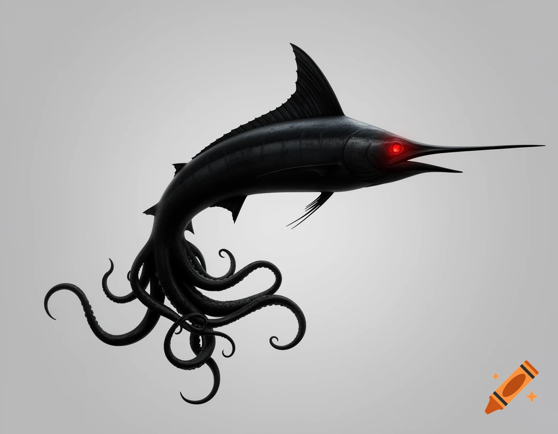 Black marlin-squid hybrid with glowing red eyes and tentacles for a tail, against a light gray background.