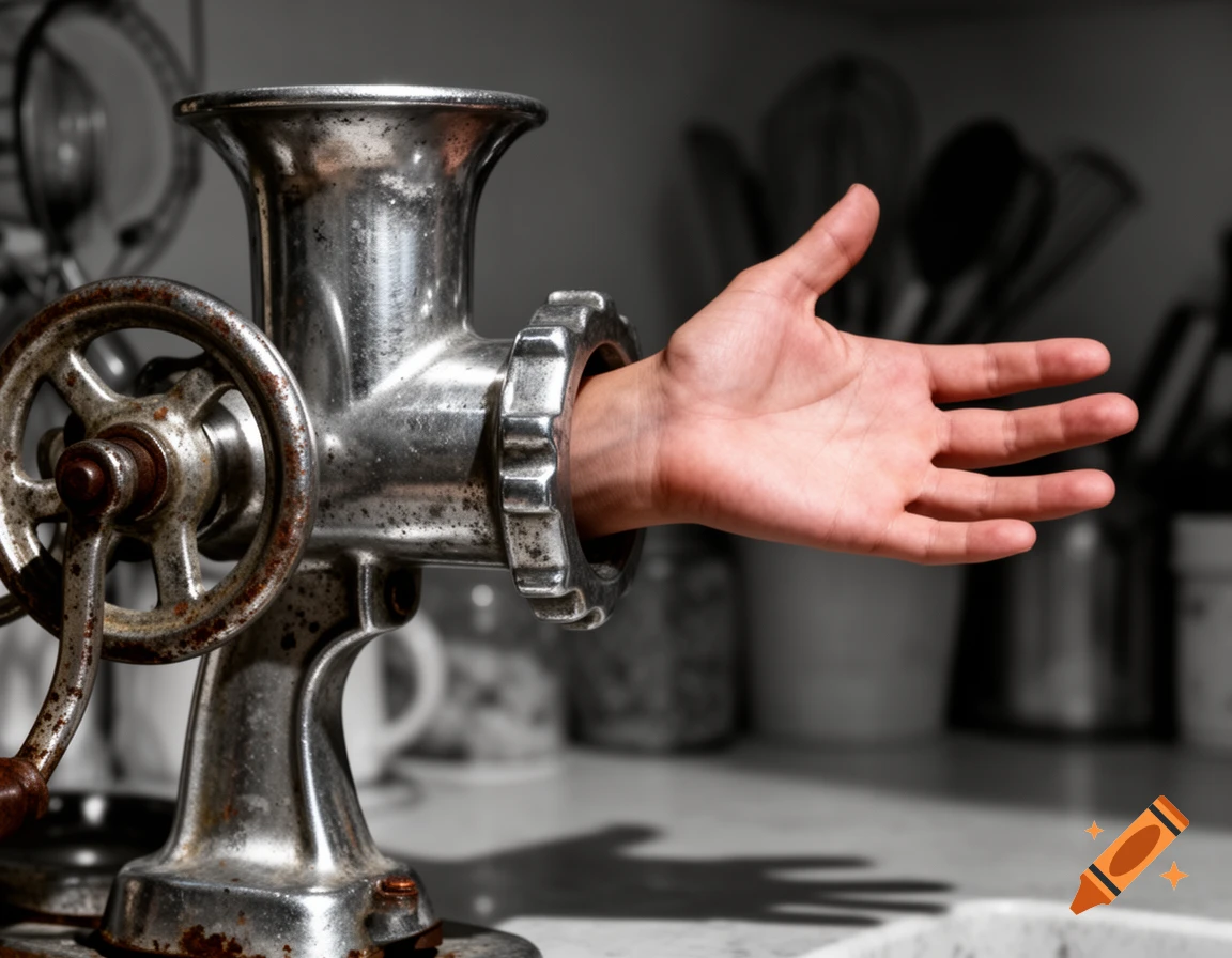 A human hand emerges from the opening of an old, rustic metal meat grinder, with a kitchen background.