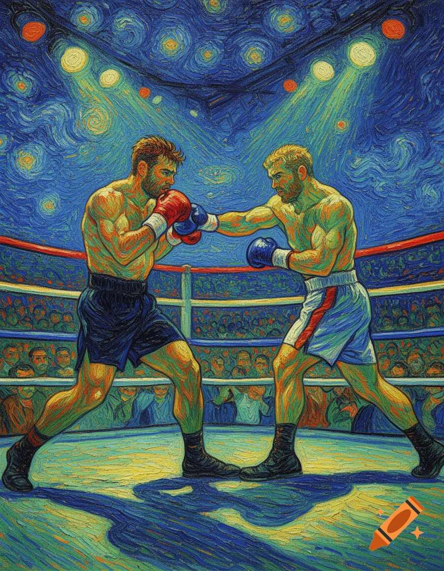 Two male boxers in a ring, mid-punch, depicted in a vibrant, swirling Van Gogh painting style.