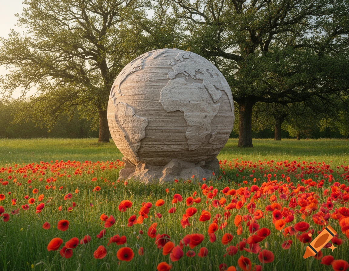 A large stone globe with continent outlines stands in a vibrant field of red poppies, with green trees under a bright sky.