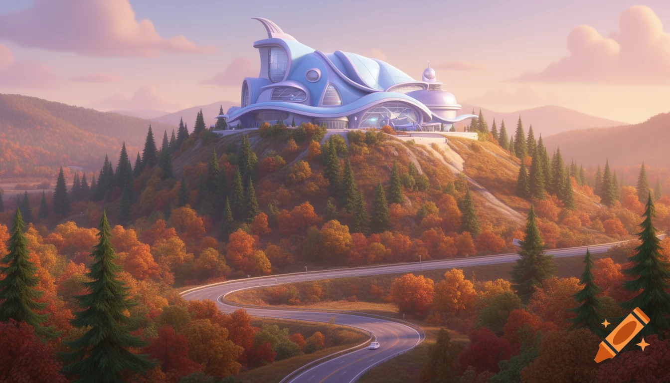 A Pixar-style light blue science museum on an autumn mountain hill, surrounded by colorful trees and conifers, with a winding highway below.