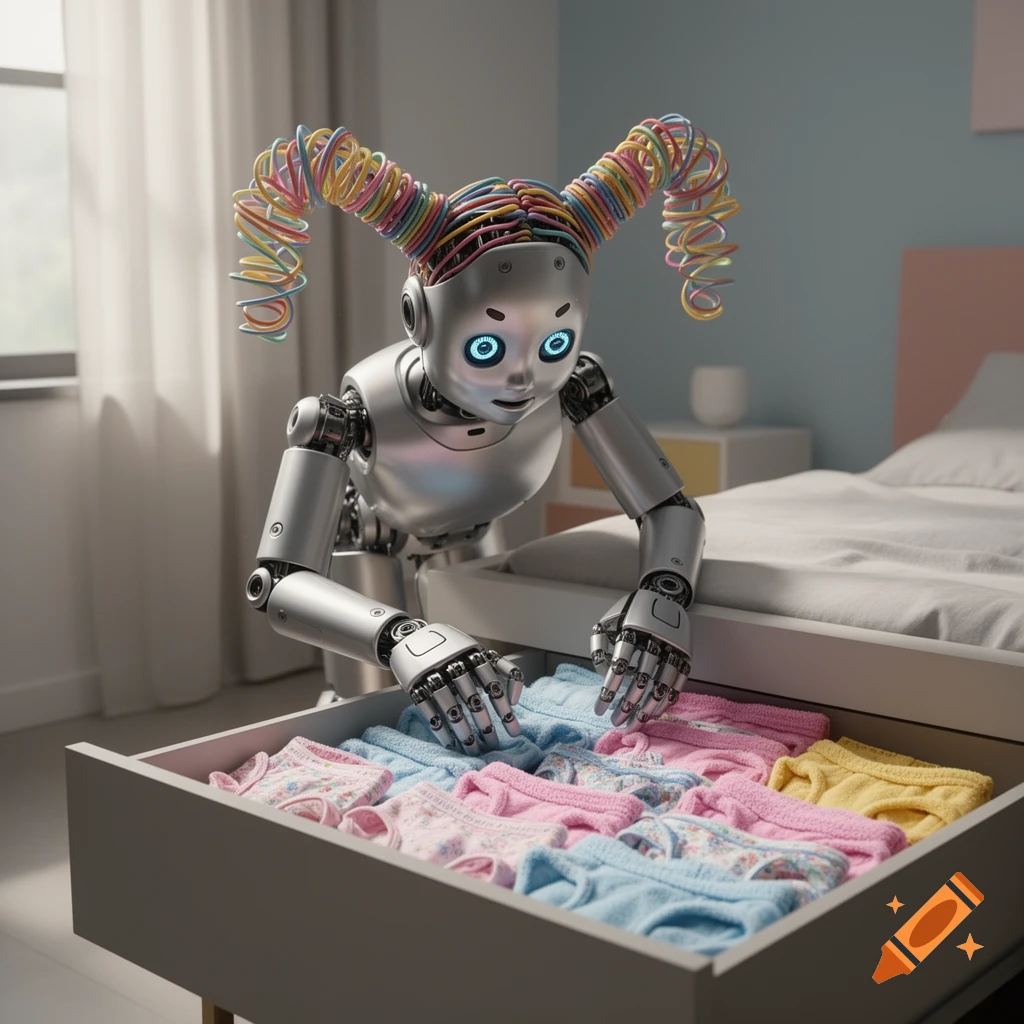 A silver robot with colorful wire pigtails organizes pink, blue, and yellow baby underwear in a dresser drawer in a bedroom.
