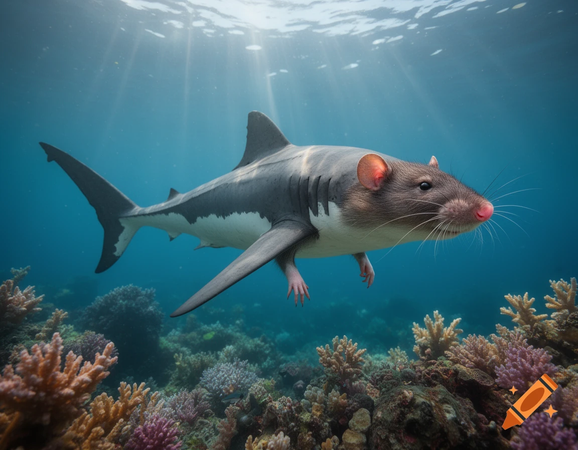 A photorealistic shark-rat hybrid swims above a colorful coral reef with sunbeams filtering through the clear blue water.