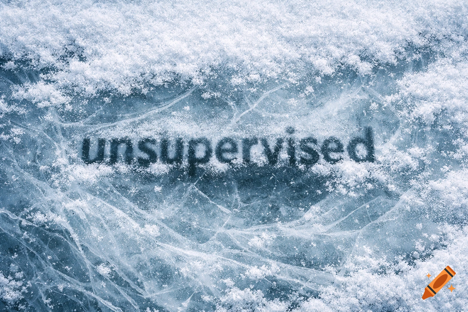 The word "unsupervised" is embedded beneath the surface of blue ice, partially covered by white snow.