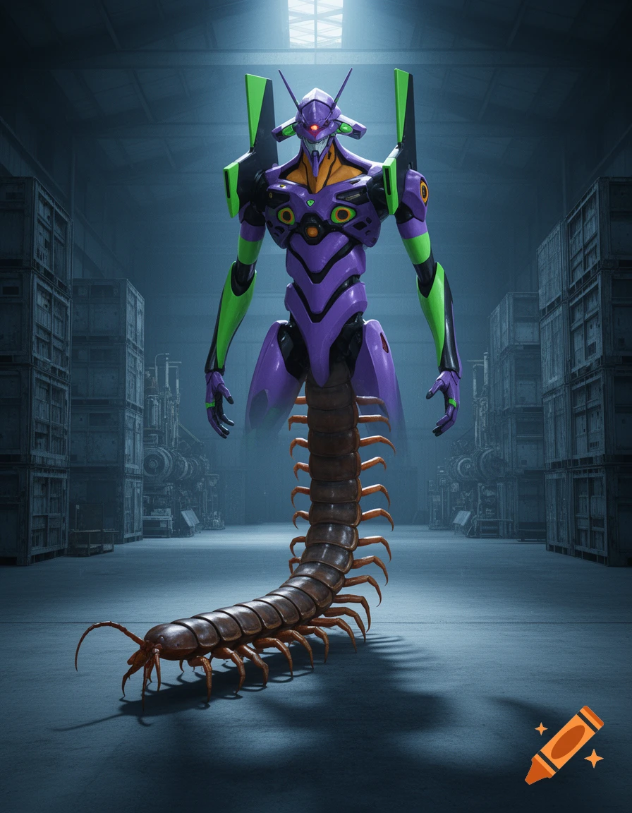 A giant purple and green mecha, Eva Unit 01, with a long centipede lower body stands in a dark industrial warehouse.