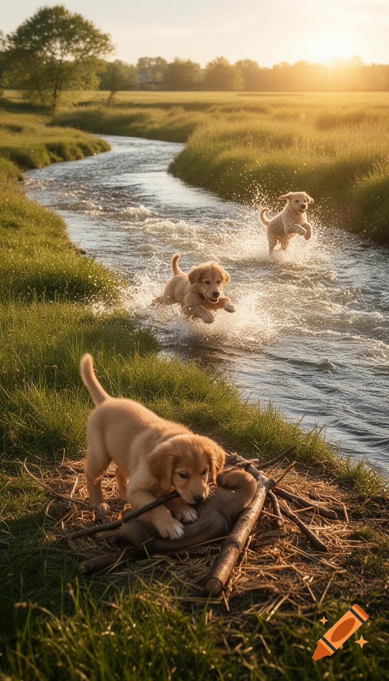 Three golden retriever puppies play in a sunlit river and on its grassy bank in a photorealistic countryside scene.
