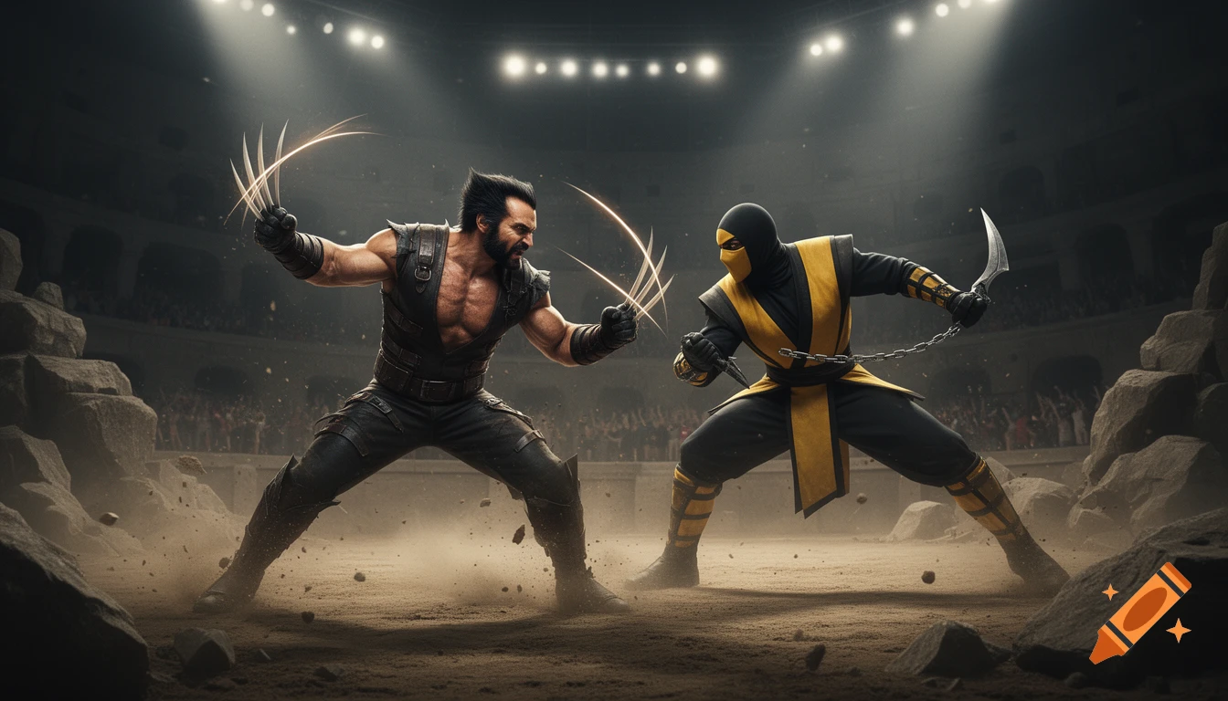 Wolverine with claws extended faces Scorpion with a chained kunai in a dramatic, spotlighted arena combat.