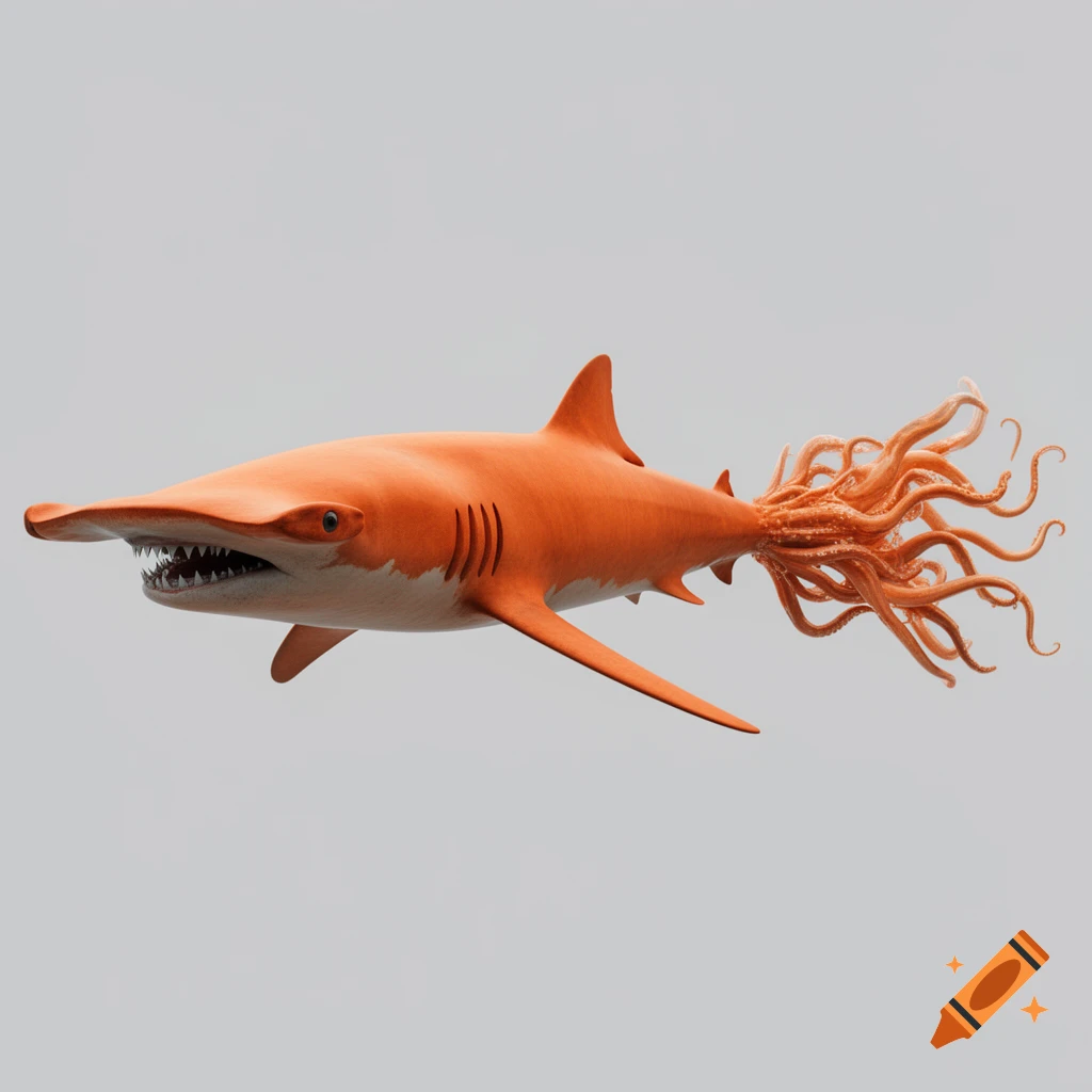 A bright orange hammerhead shark with an open mouth and tentacles for a tail against a light gray background.