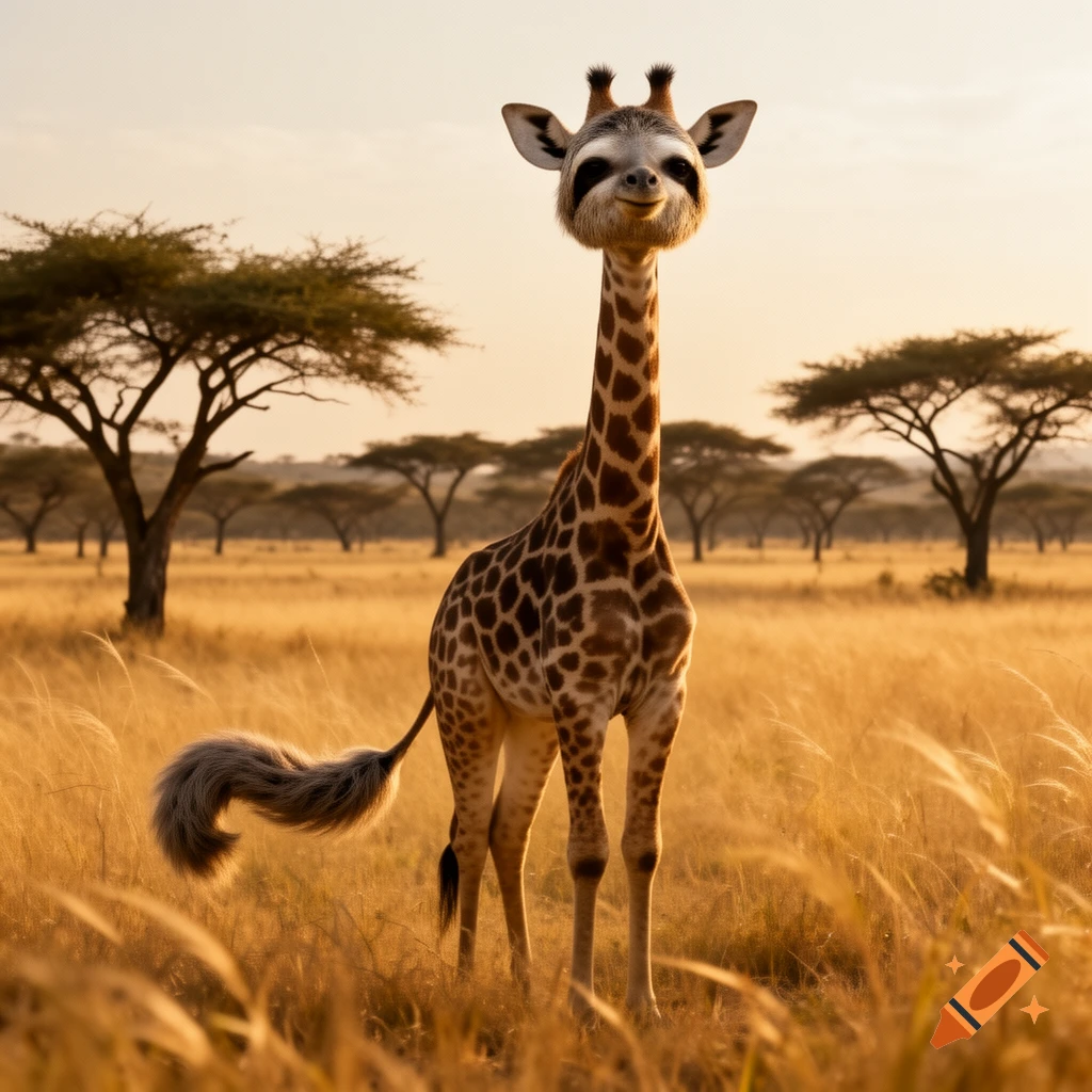 A photorealistic sloth-headed giraffe with a fluffy sloth tail stands in a golden savanna at sunset.