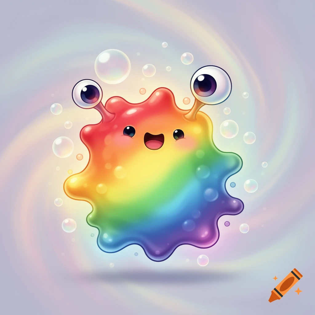 A cute, colorful rainbow-gradient alien blob with large eyes and a happy smile floats amidst bubbles.