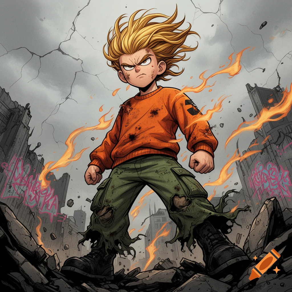 An angry blonde cartoon boy with spiky hair and tattered clothes stands defiantly amidst a ruined, fiery city in an anime style.
