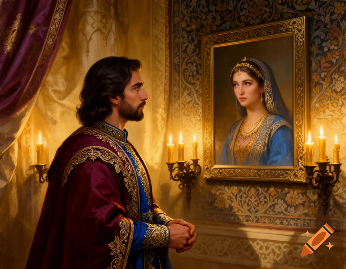 A man in ornate historical attire gazes at a portrait of a woman in a candlelit, lavish royal room, in a fine art style.